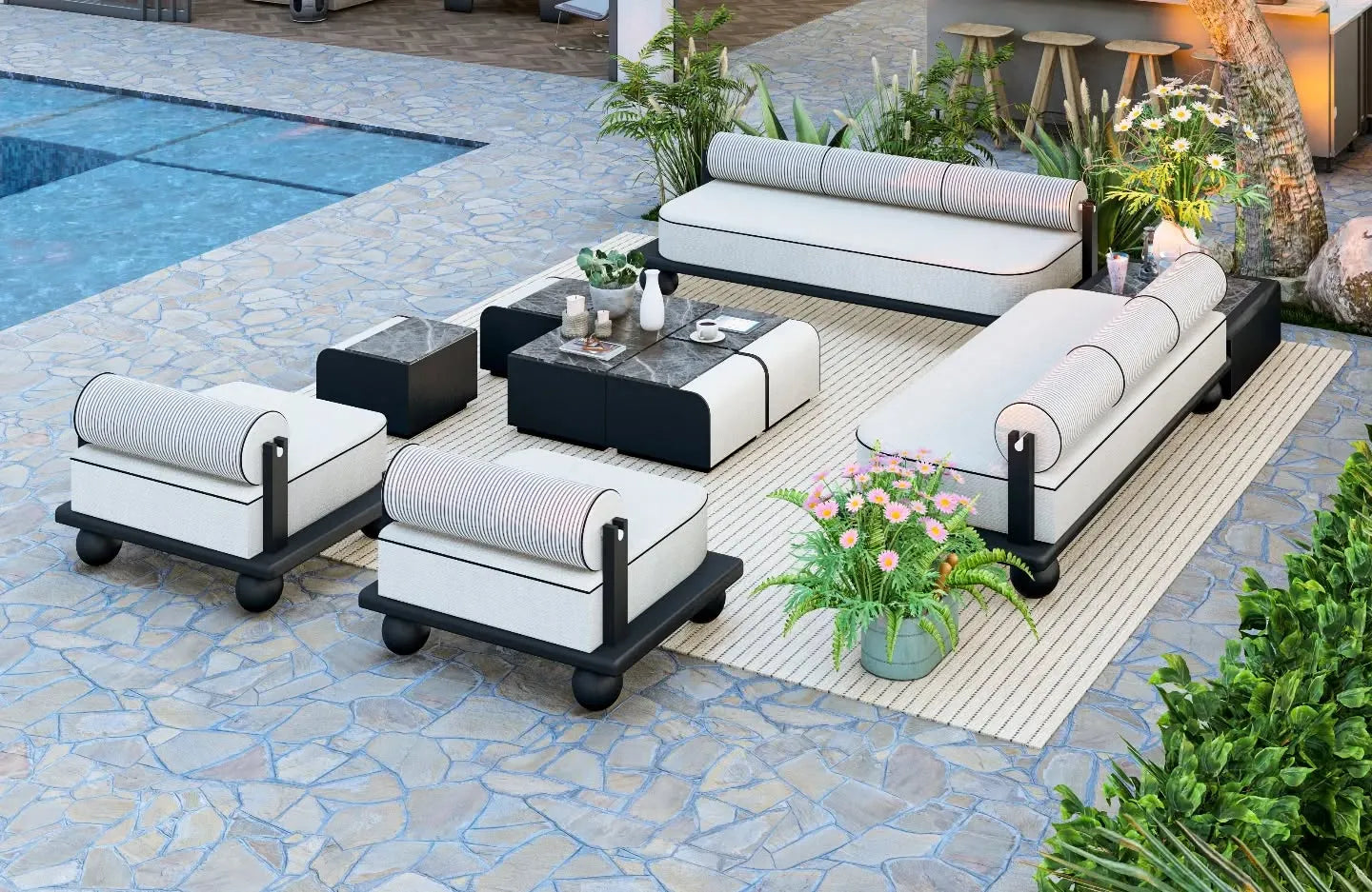 Outdoor patio furniture set with sofa, chairs, and coffee table
