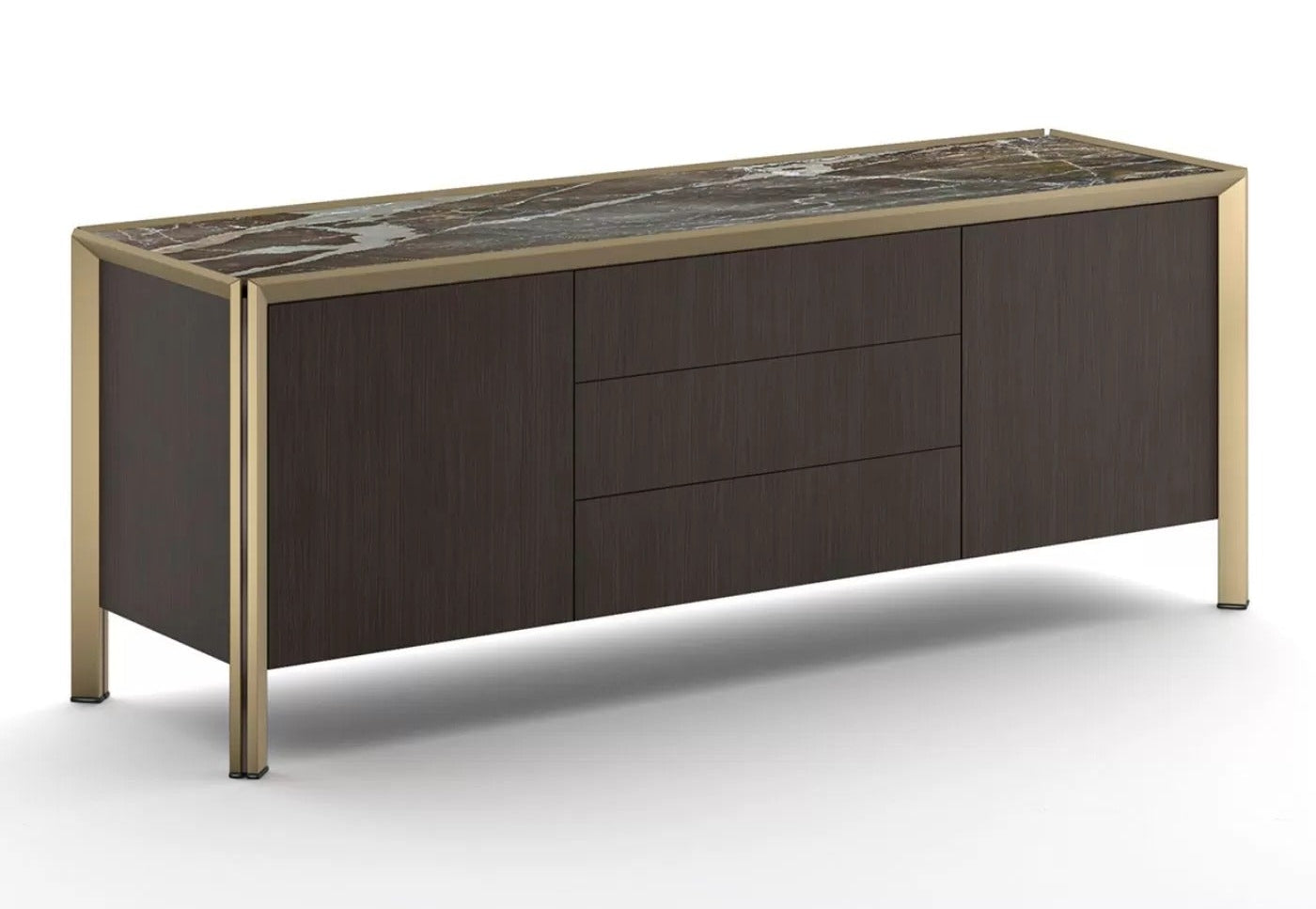 Dark wooden sideboard with marble top on a white background