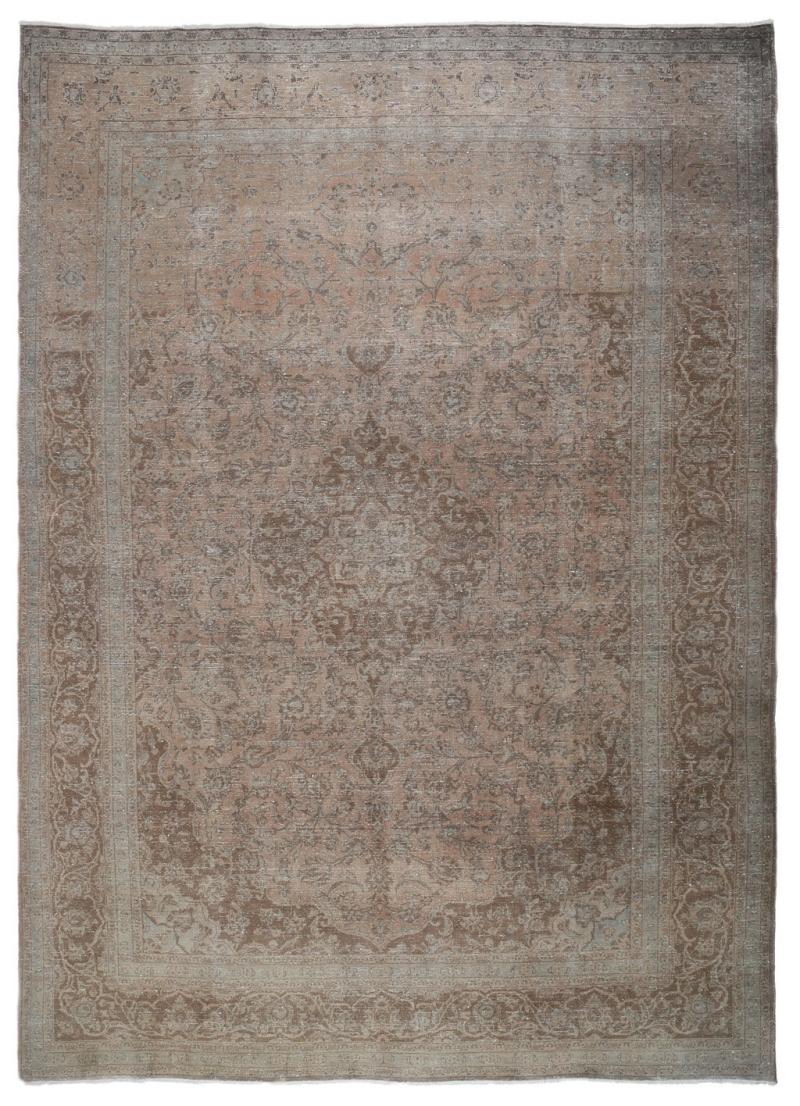 Distressed Oriental area rug with faded brown and gray pattern