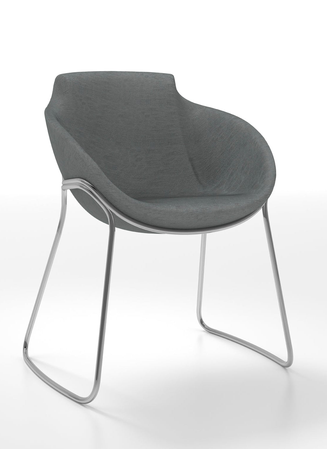 view of modern gray fabric chair with chrome metal legs, contemporary furniture.