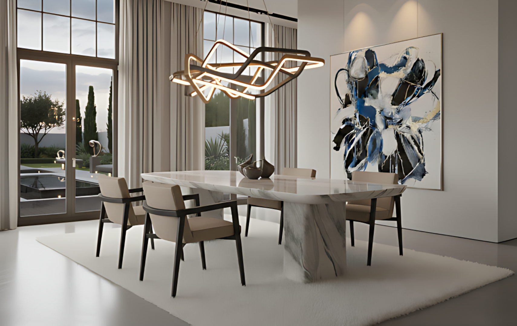 Luxury marble dining table and chairs in modern dining room.