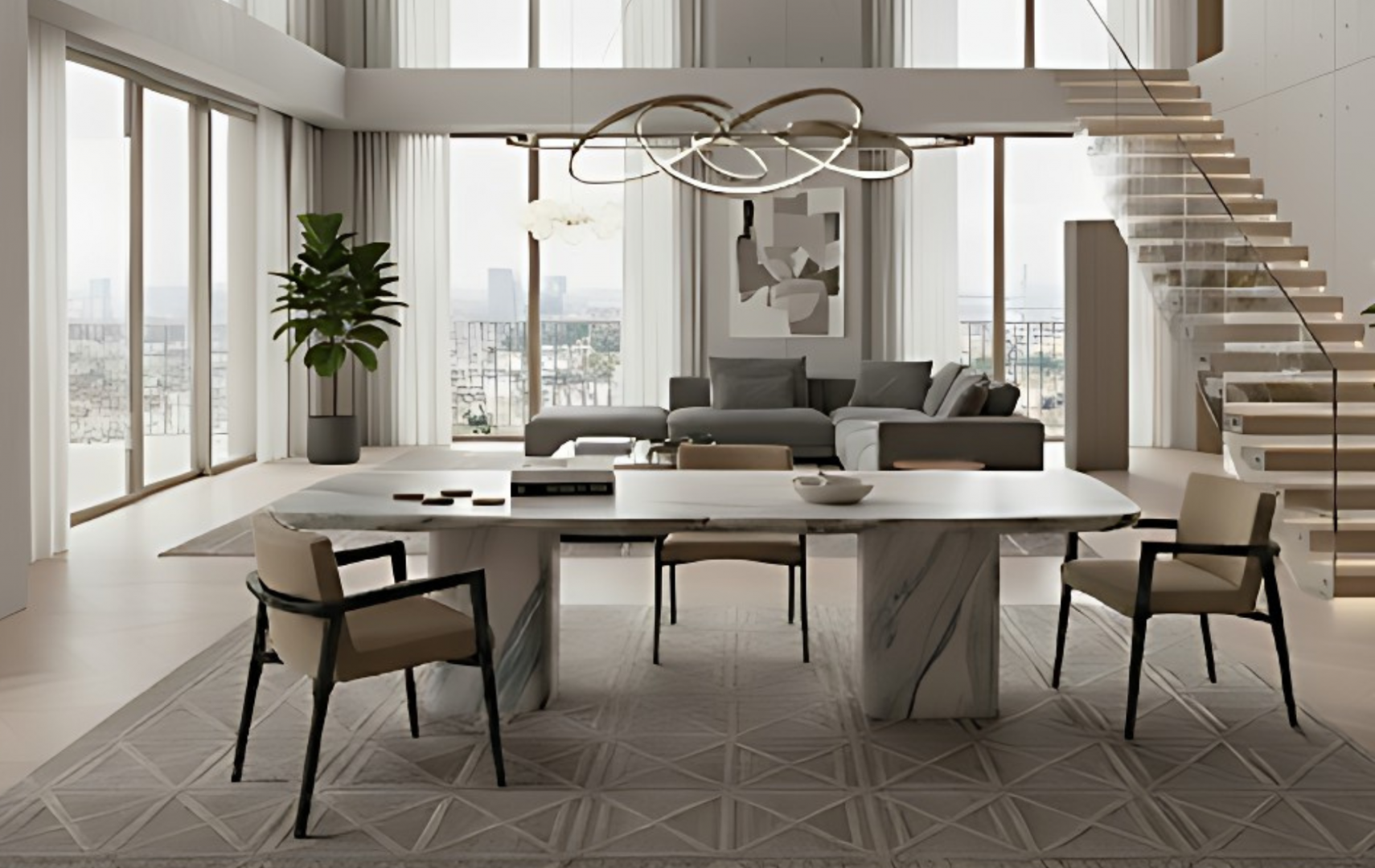 Modern marble dining table and chairs in luxury apartment living space