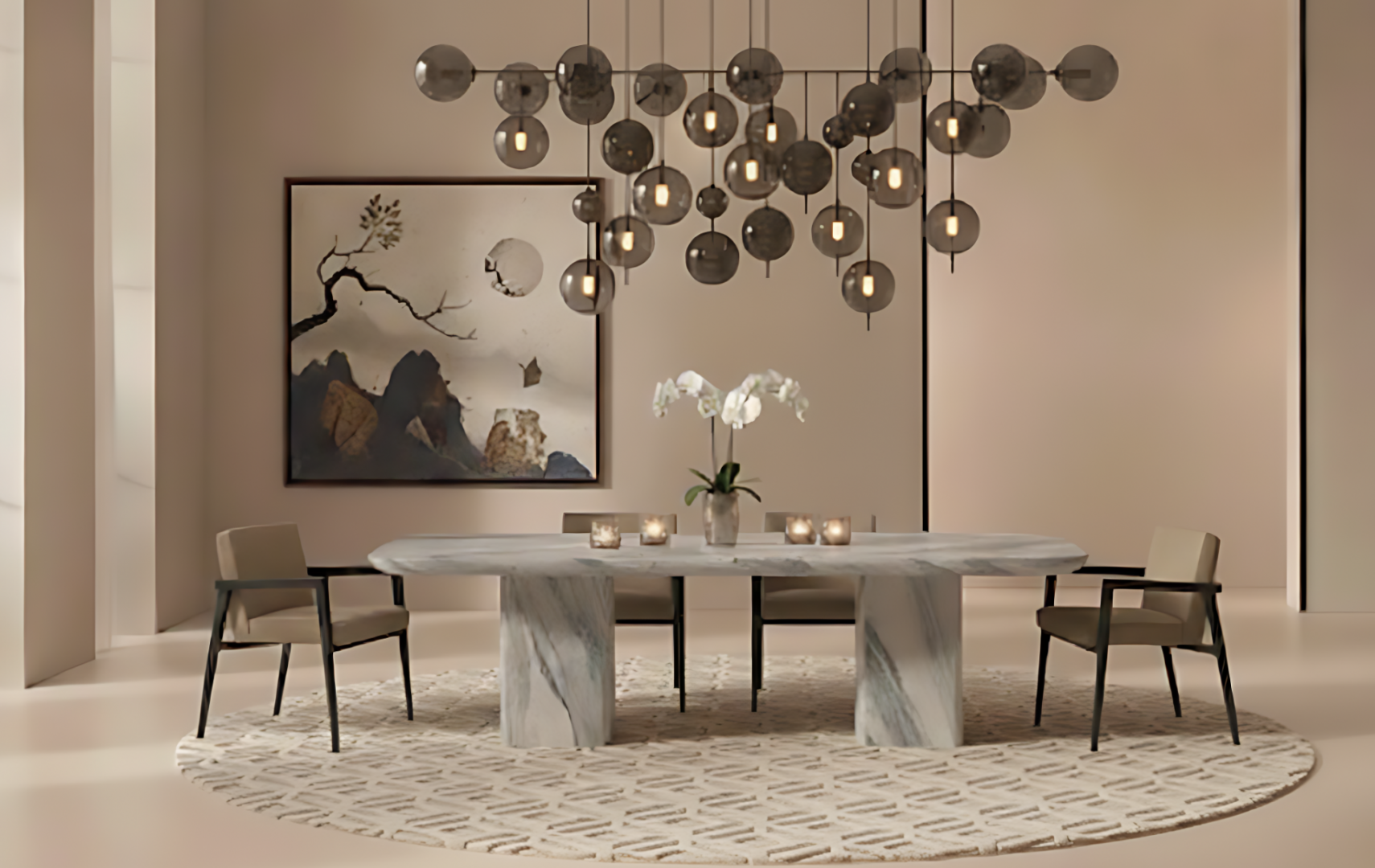 Dining room with marble table, chairs, round rug, and bubble chandelier. 