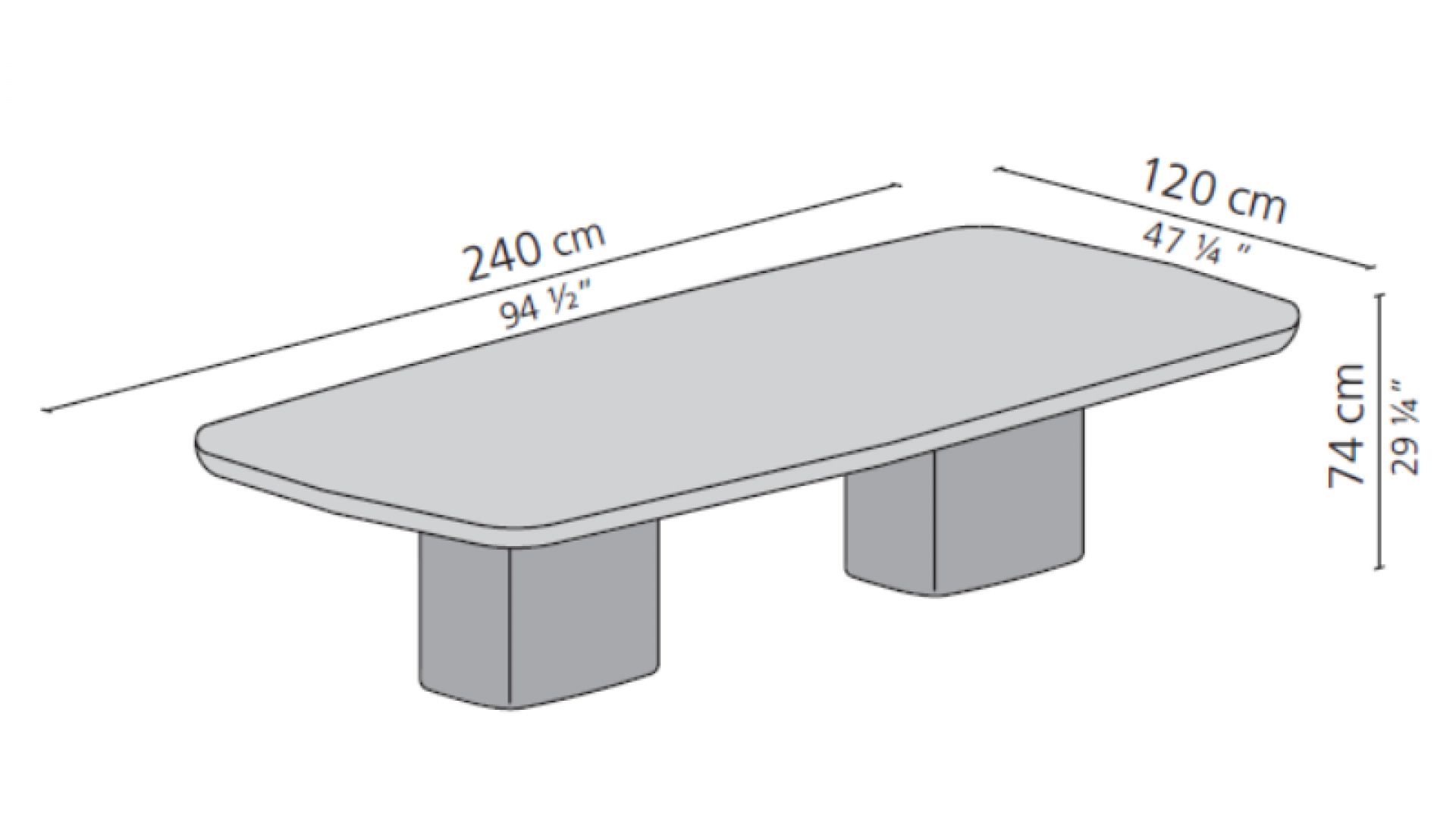 Technical drawing of large modern conference table dimensions.