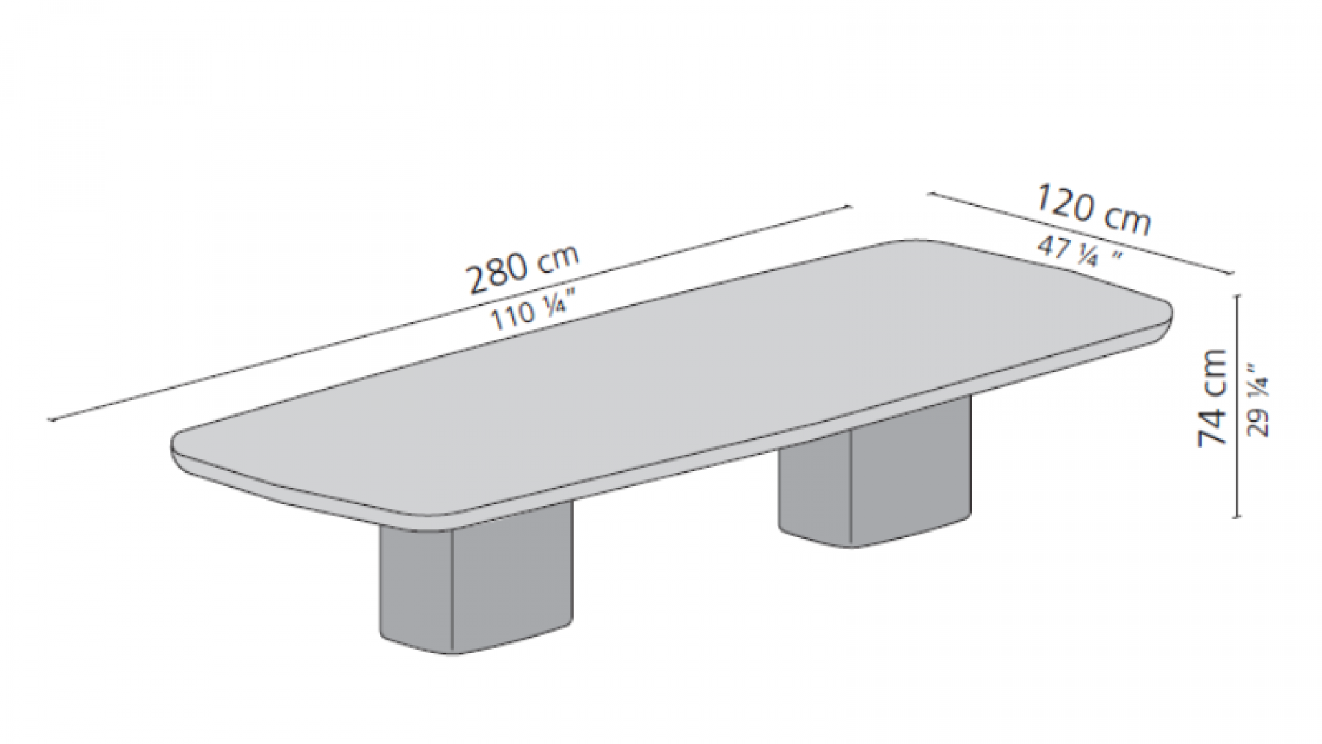 Technical drawing showing dimensions of modern dining table.