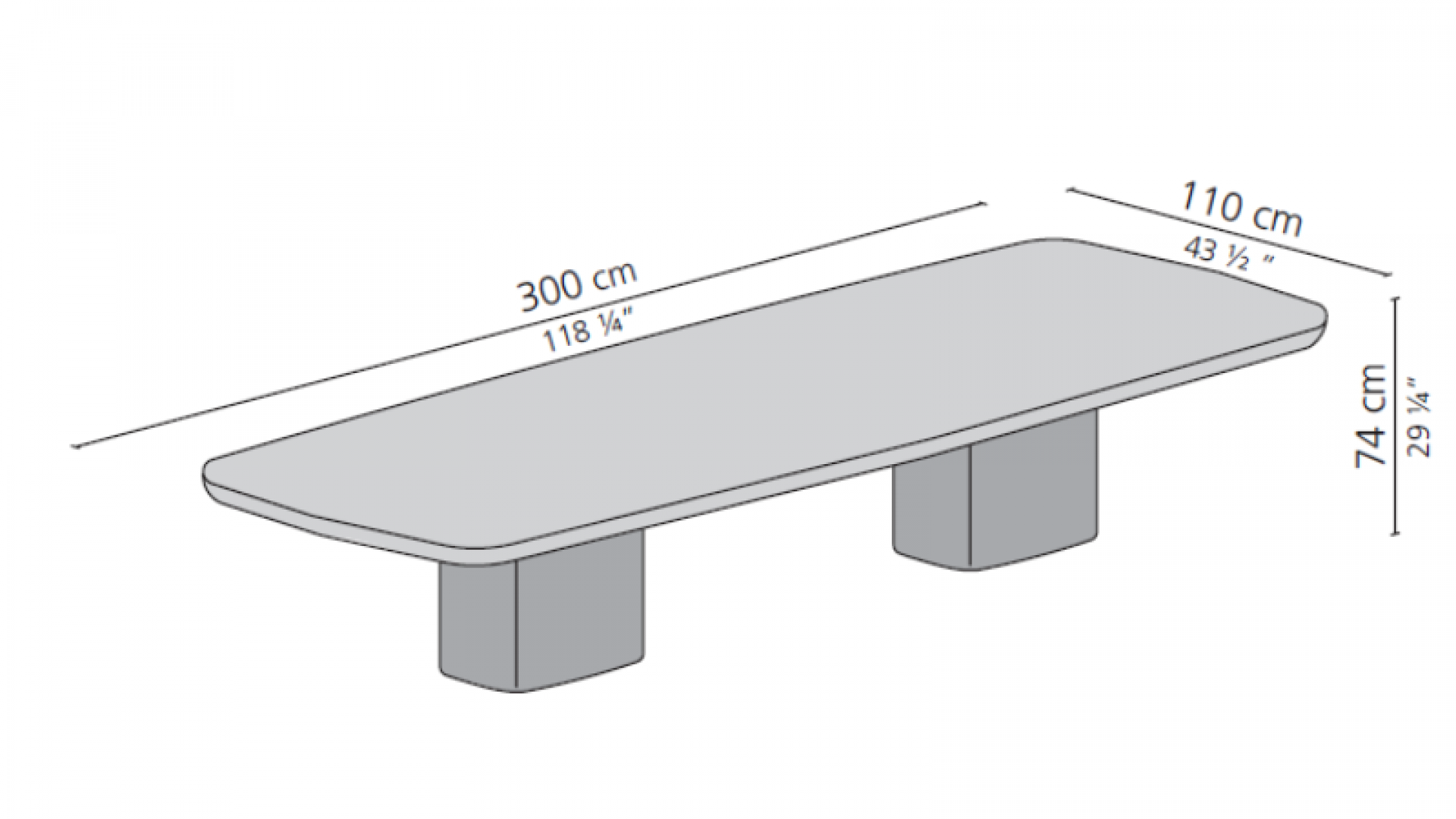 Diagram of rectangular table with two solid bases and dimensions