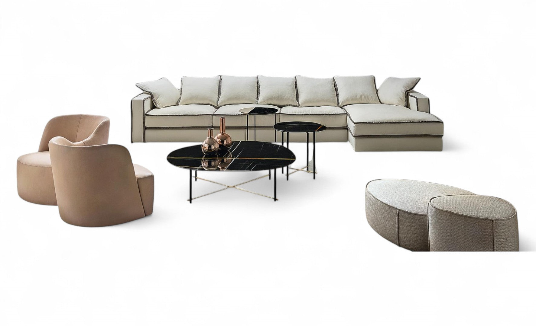 Living room furniture set with sofa, chairs, ottomans, and tables. 
