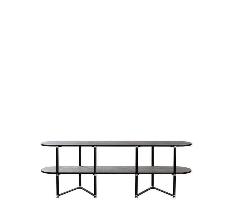 Modern black wood console table with brass accents and oval shelves by Casamilano's Boomerang 67. 