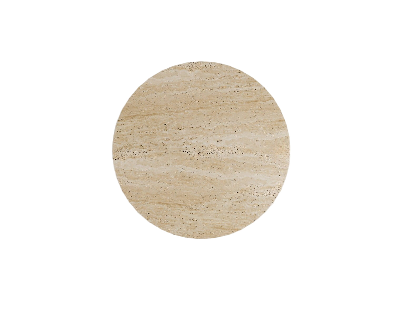 Top-down view of Luzione's round travertine table. Features natural stone patterns, ideal as a dining