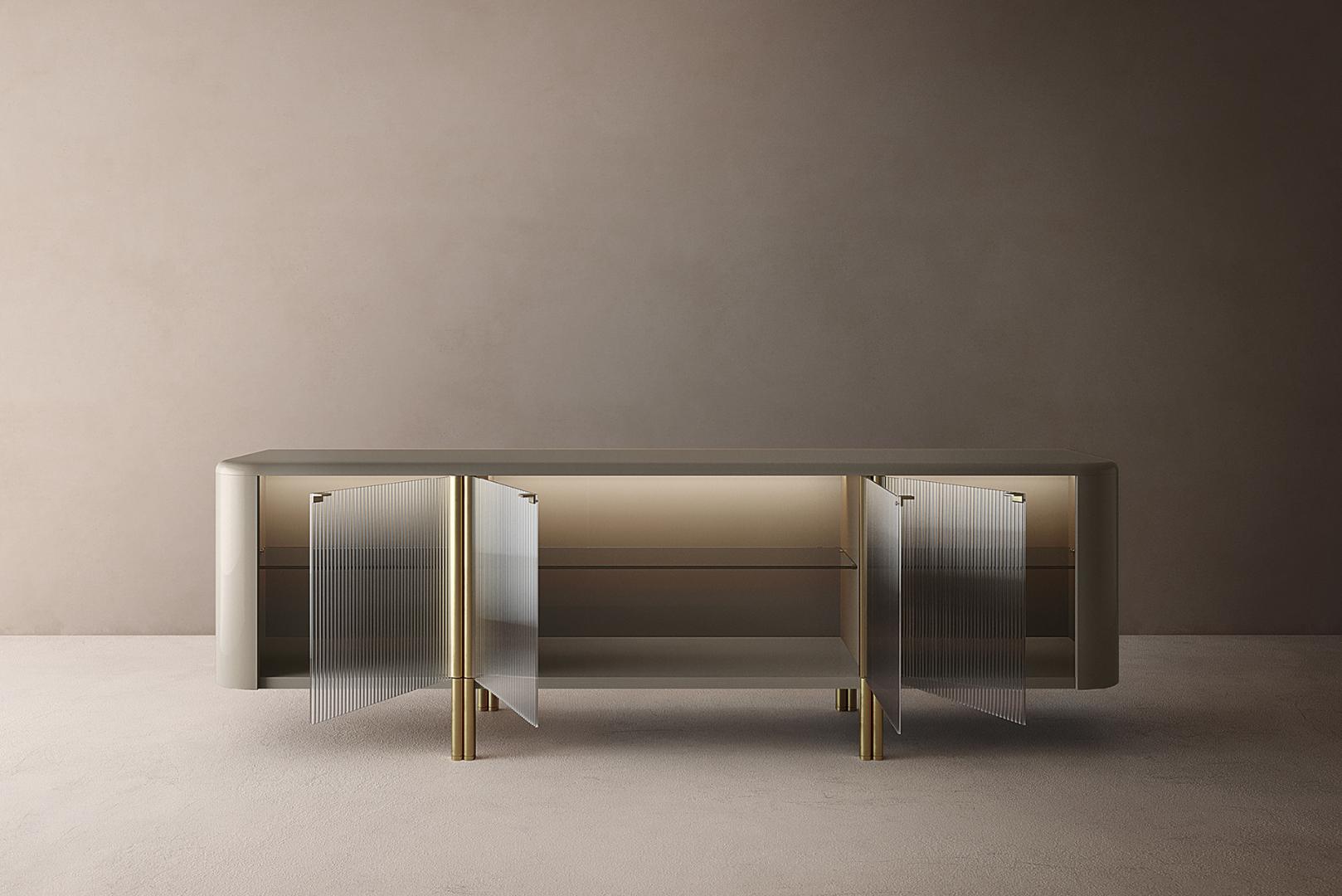 Casamilano Tecla sideboard with glass doors and gold accents, perfect for modern living or dining room storage, blending luxury and contemporary design