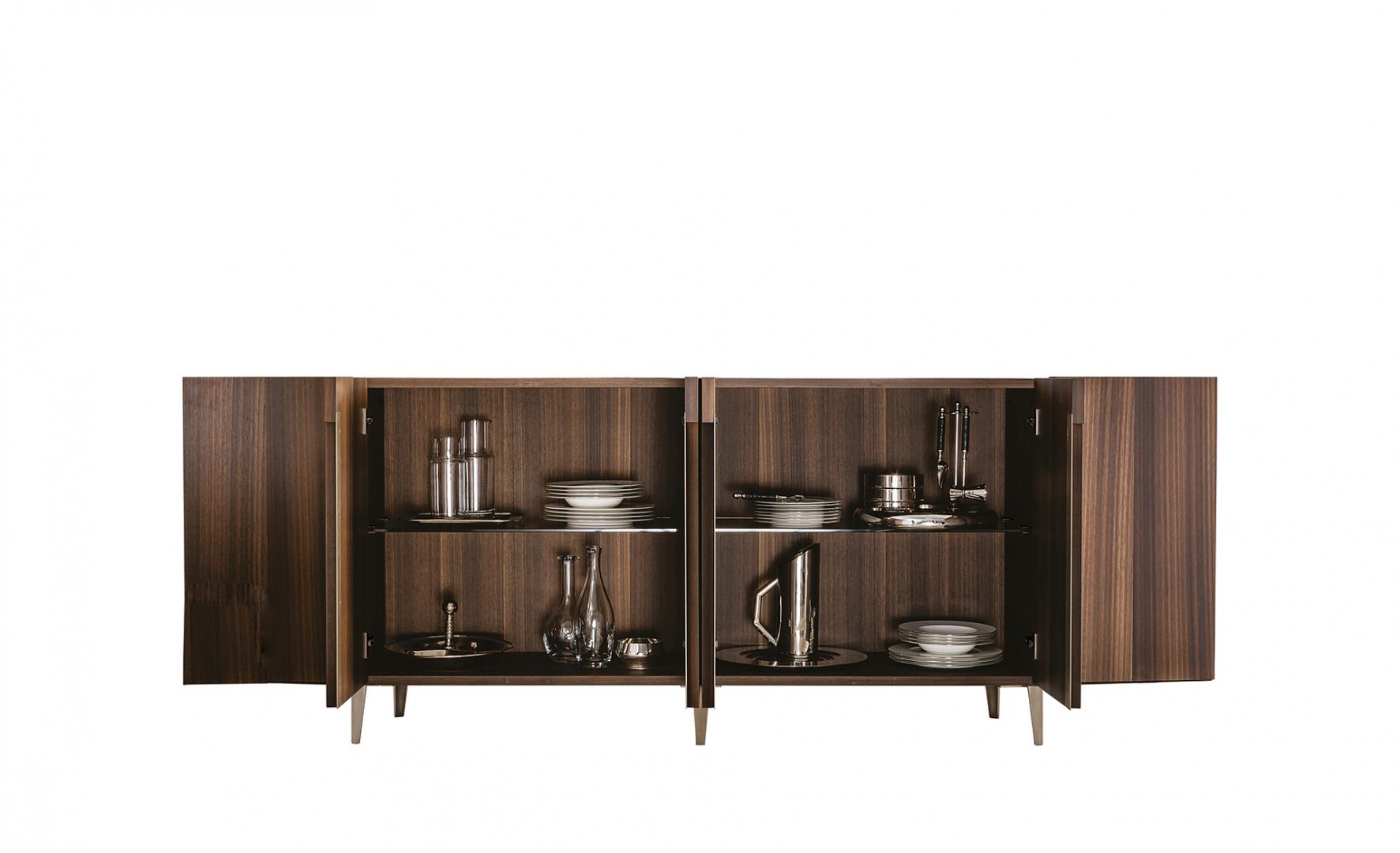 Casamilano Garbo sideboard featuring a rich wood grain finish, open doors revealing ample storage, ideal for modern living or dining rooms