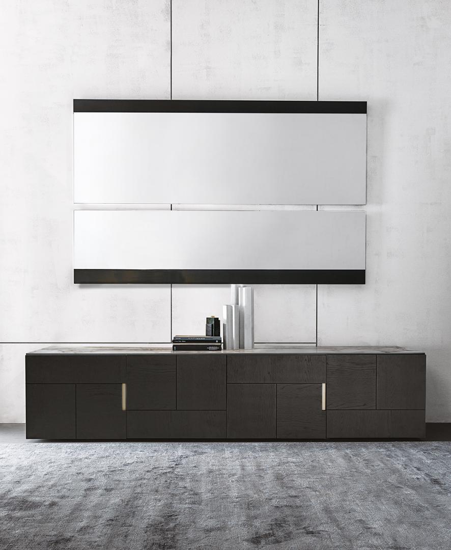 Modern living room featuring a Casamilano Arne Sideboard in dark wood, paired with a sleek, rectangular mirror, enhancing space and style