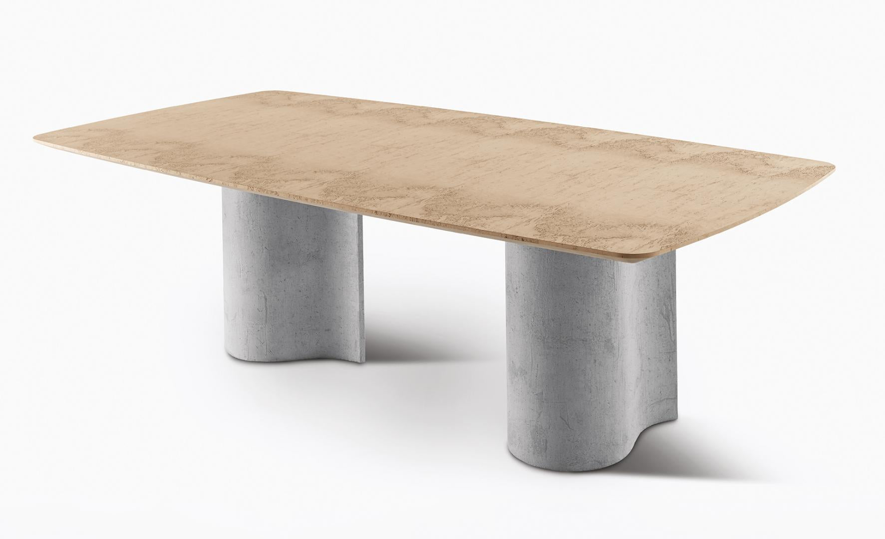 A modern dining table featuring a light stone tabletop and unique concrete cylindrical legs, perfect for contemporary dining spaces