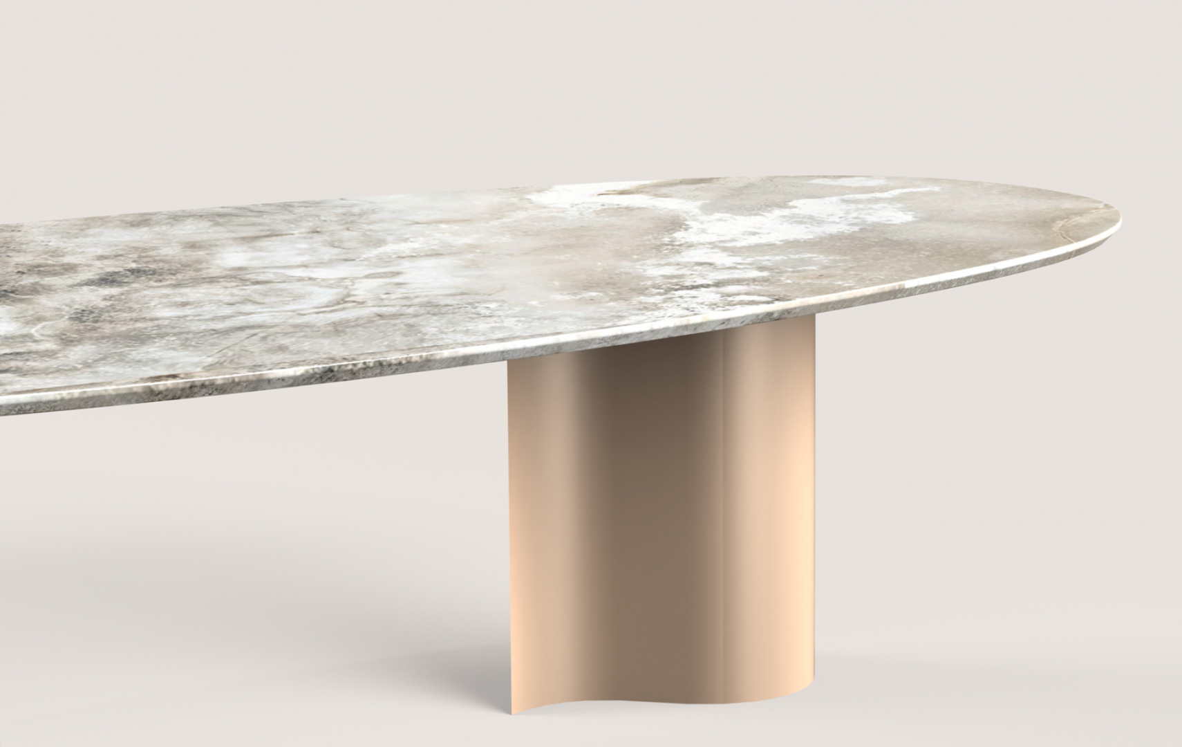 Close-up of Casamilano's Virgola IN & OUTDOOR oval dining table with marble top and cylindrical metal base. Modern luxury furniture design