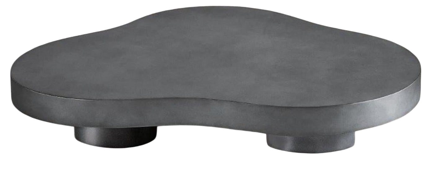 View of gray fabric sofa, dark gray organic shape coffee table, bronze side table