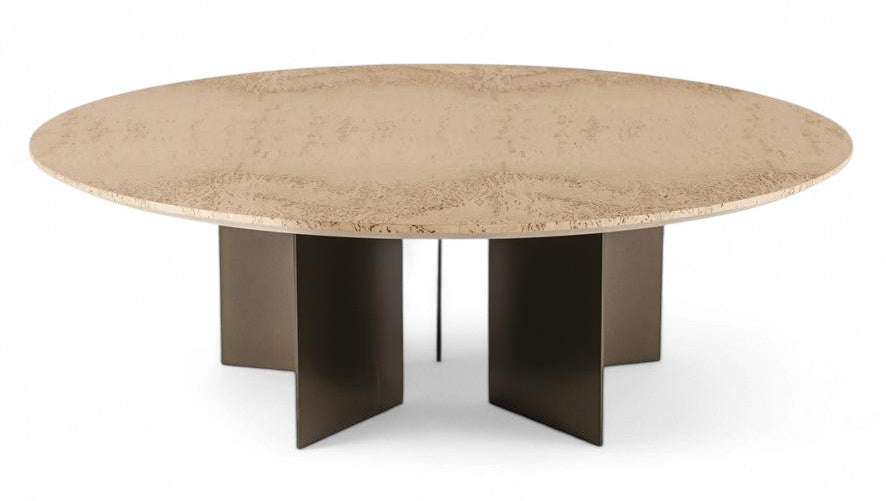View of a round beige textured dining table with dark metal base on white background, modern furniture, dining room table, kitchen table, contemporary design, home decor, interior design, beige table top, metal table base, round table, furniture photography, studio shot