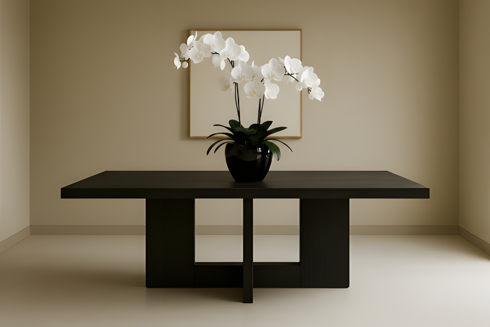 Minimalist black wood dining table with orchid decor in neutral room