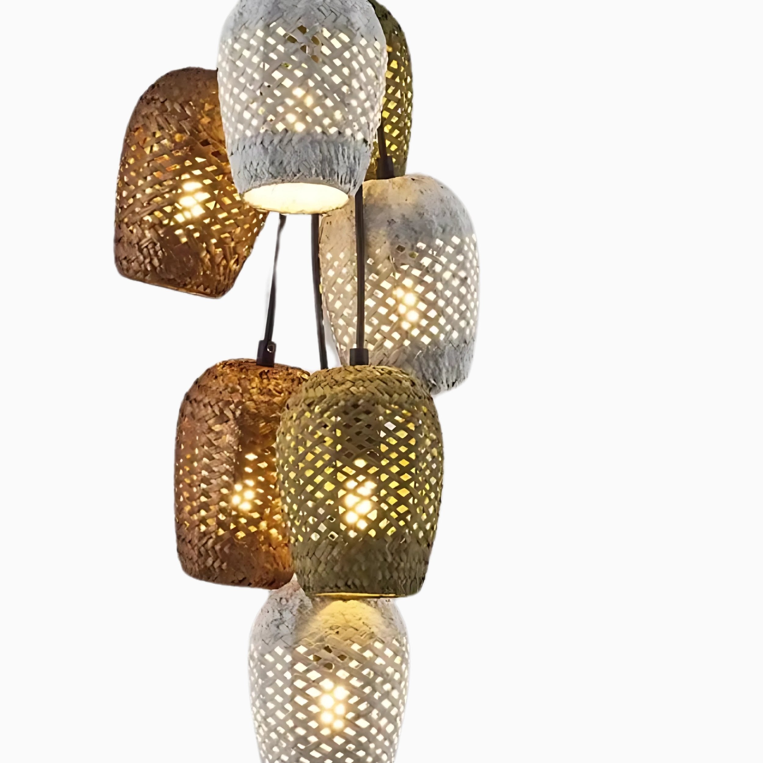 Close up view of multi colored woven pendant lighting fixture
