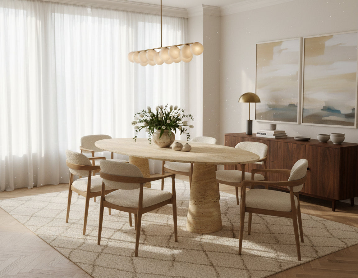 Travertine dining table with elliptical top and cylindrical legs, angled side view.