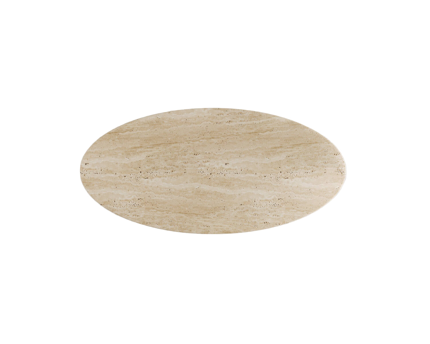 Top-down view of elliptical travertine dining table showing natural stone veining.