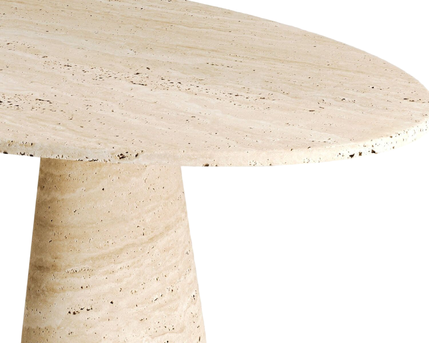 Close-up of travertine dining table showing natural veining and textured cylindrical leg.