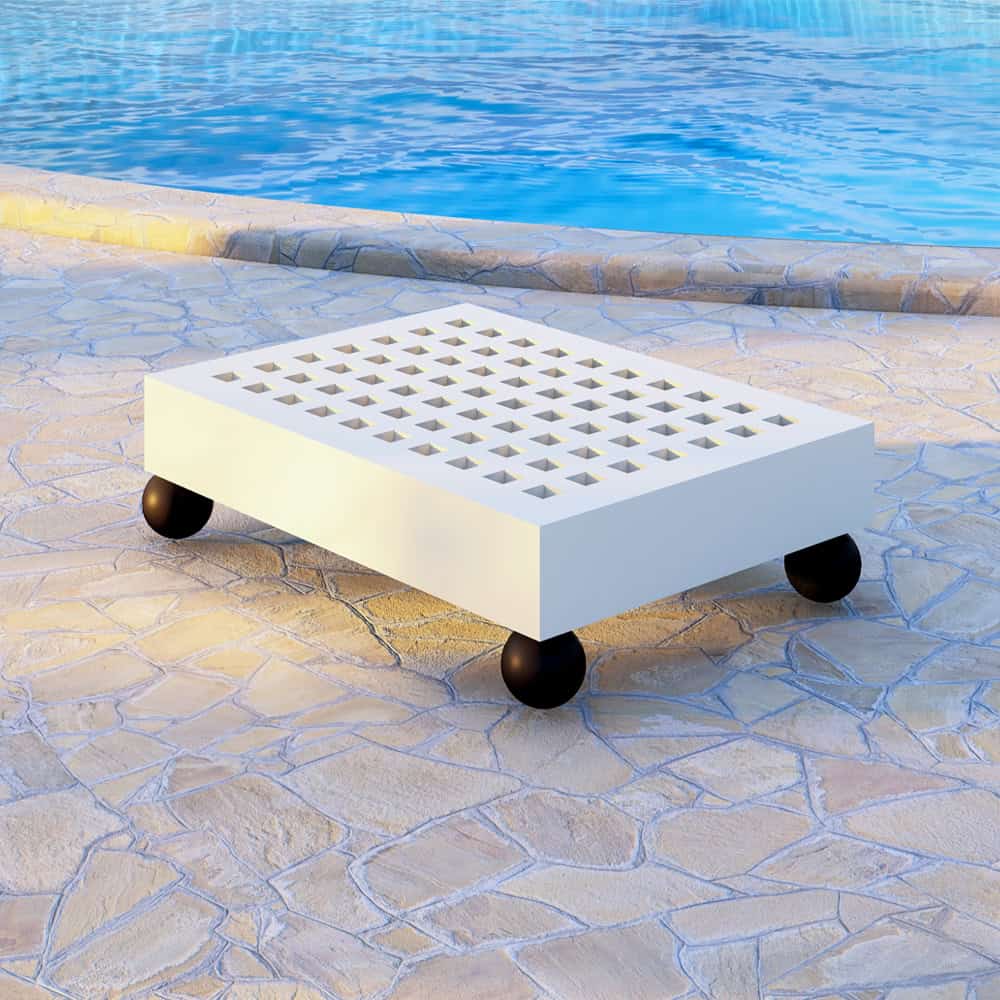 Modern outdoor coffee table made from Iroko wood with white body and black legs.