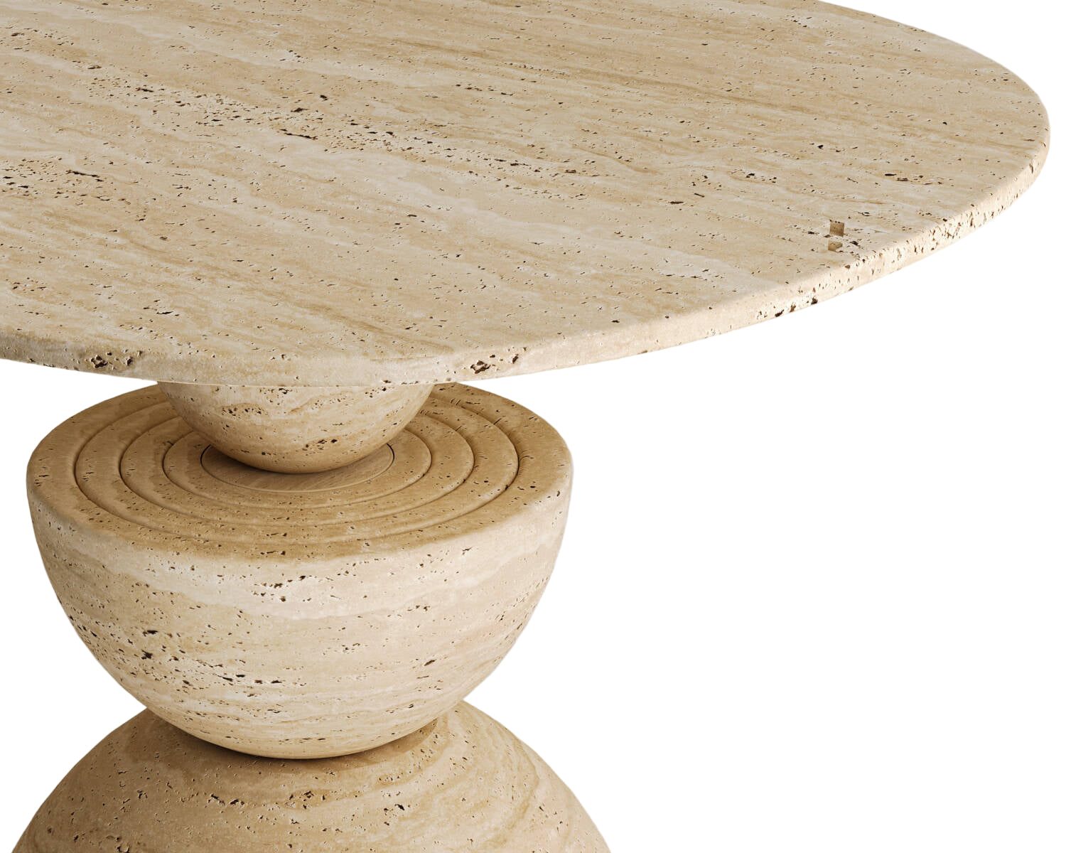 Close-up of a Luzione travertine side table with a round top and pedestal base, showcasing its natural stone texture and modern design