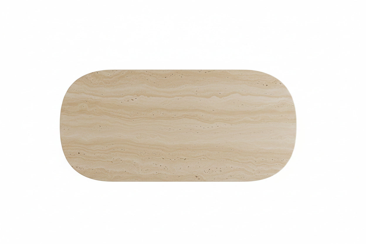 Top-down view of the Luzione Wén Minimal Travertine Dining Table against a white background. Modern stone furniture for elegant home decor.