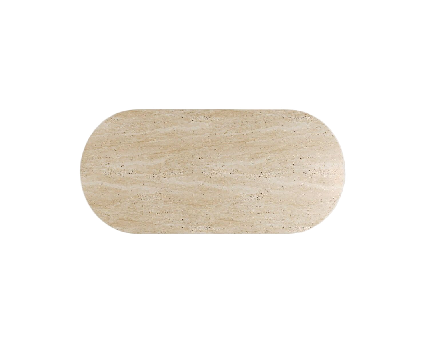 Overhead view of oval travertine coffee table on white background.
