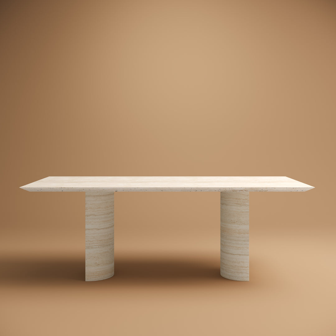 Luzione Vega Triple Funnel Leg Marble Dining Table: A modern travertine dining table with cylindrical legs, perfect for a luxurious dining room.