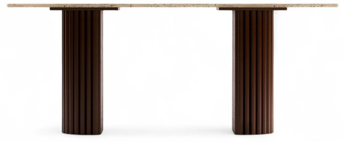Console table with speckled top and two fluted wood bases