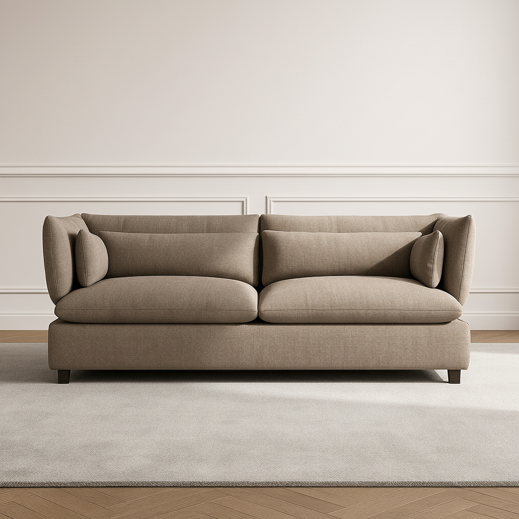 View of a brown fabric sofa with cushions on a light rug. 