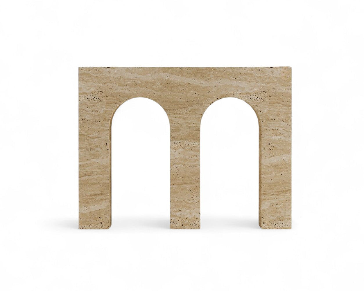 Travertine console table with double arch shape on white background