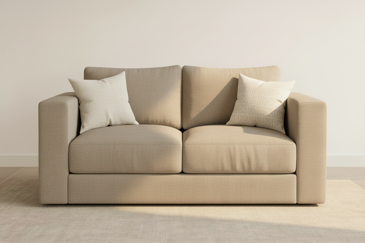View of beige fabric two-seater sofa on rug in room.