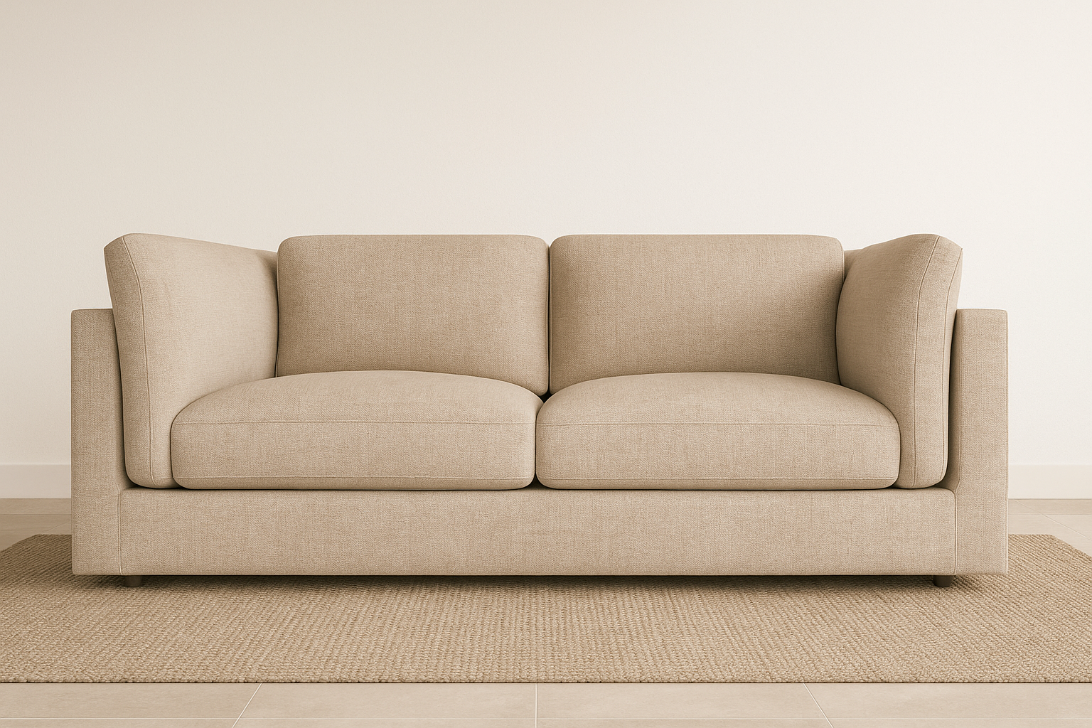 View of beige fabric two-seater sofa on woven rug against white wall. Beige two-seater sofa, fabric upholstery, woven rug, neutral living room furniture, modern interior design.