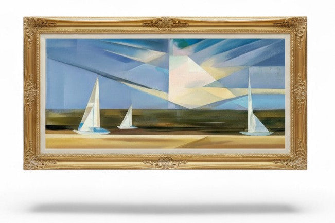 Abstract painting of sailboats in ornate gold frame