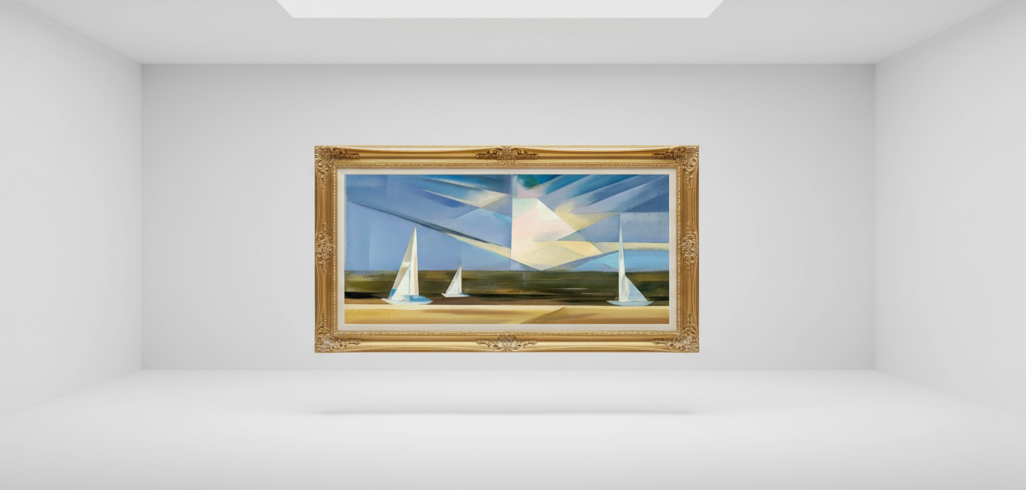 abstract sailboat painting in ornate gold frame on white wall