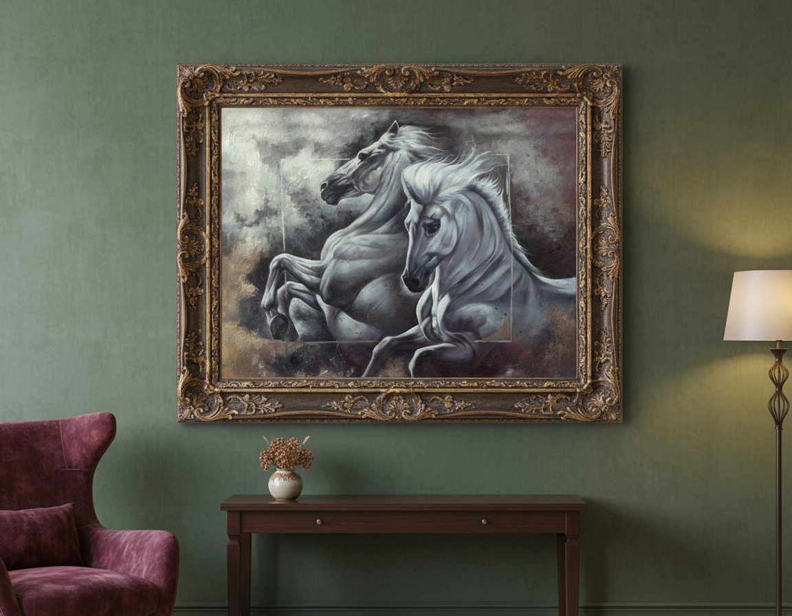 Ornate framed painting of two rearing white horses decor.