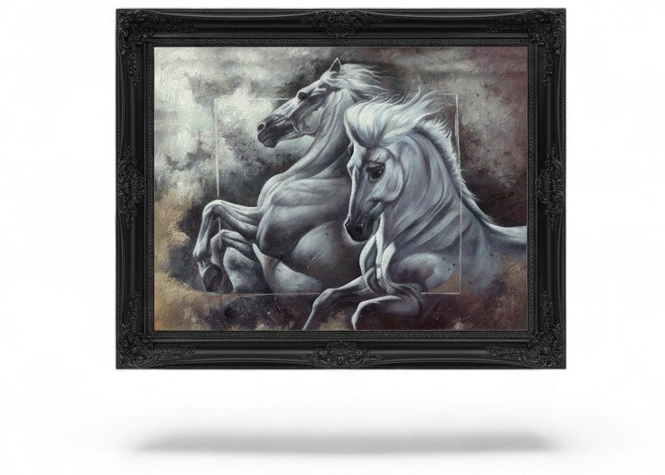 Black and white painting of two horses in ornate black frame