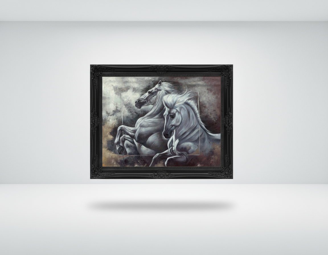 View of a black framed painting of two white horses galloping