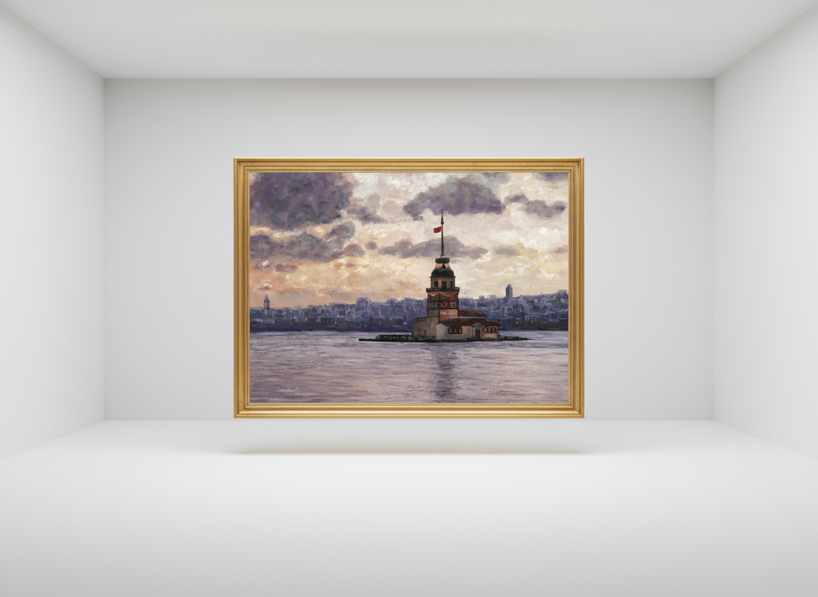 White room with painting of Maiden's Tower Istanbul.