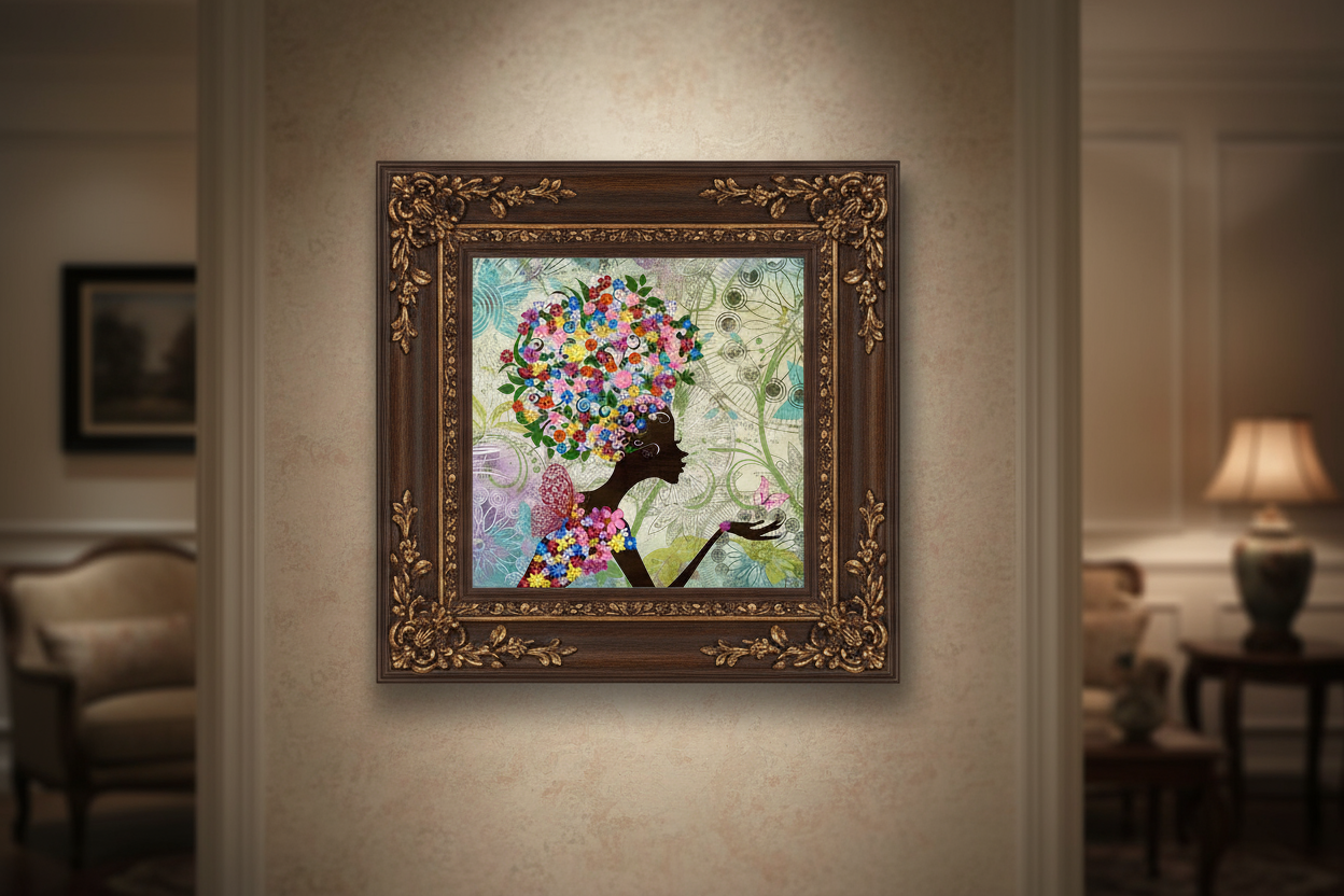 View of framed artwork featuring colorful floral silhouette in ornate frame, living room furniture, lighting, and decor. 