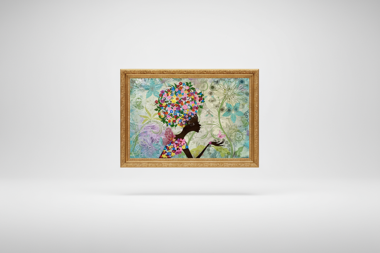 Wall art print gold frame woman flowers butterfly