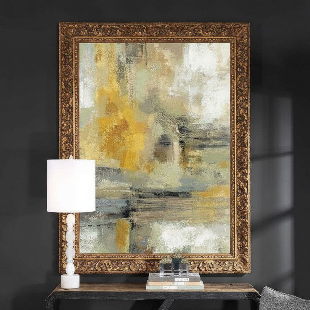 Abstract wall art and white table lamp on console table.
