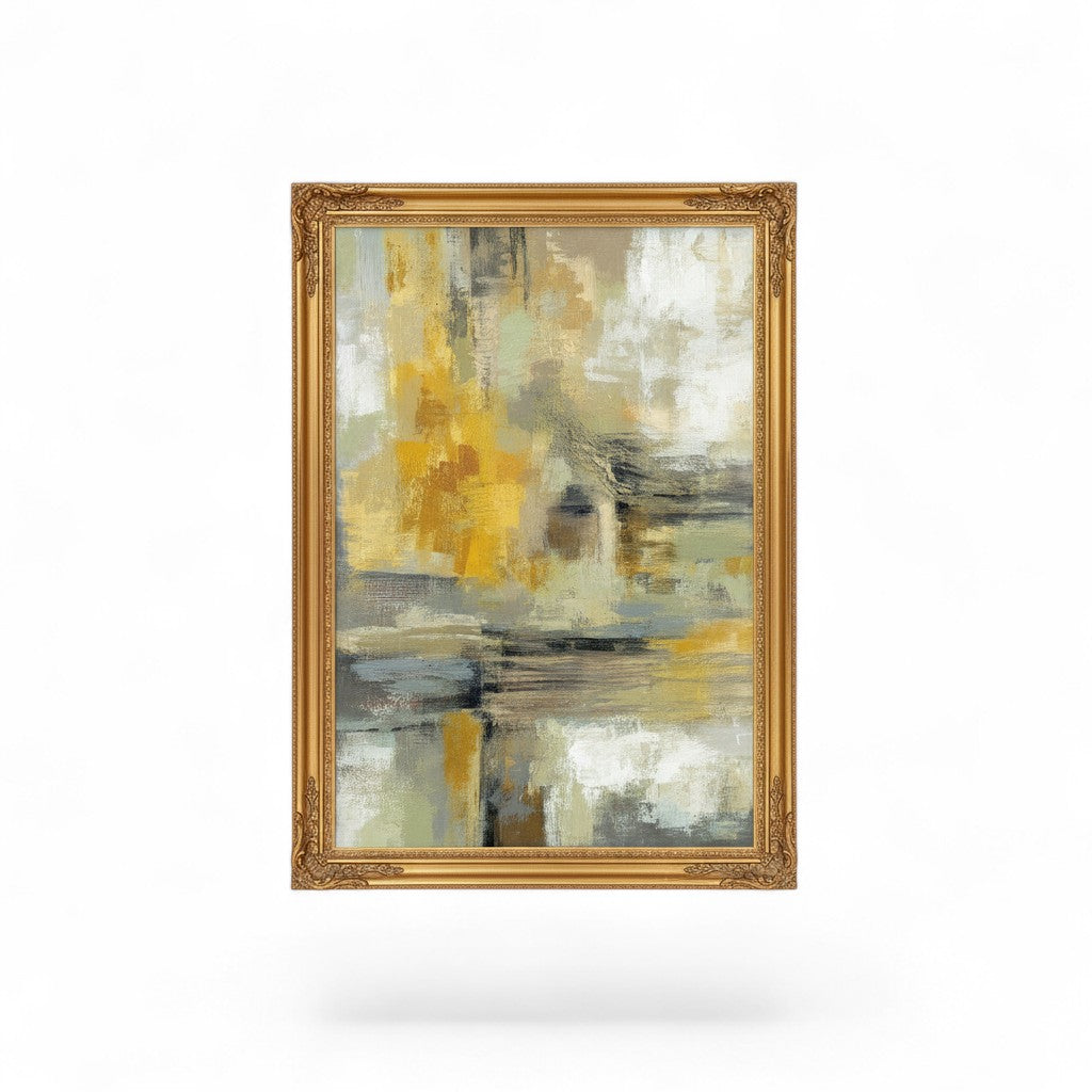 Abstract painting in gold frame with yellow, gray, white colors