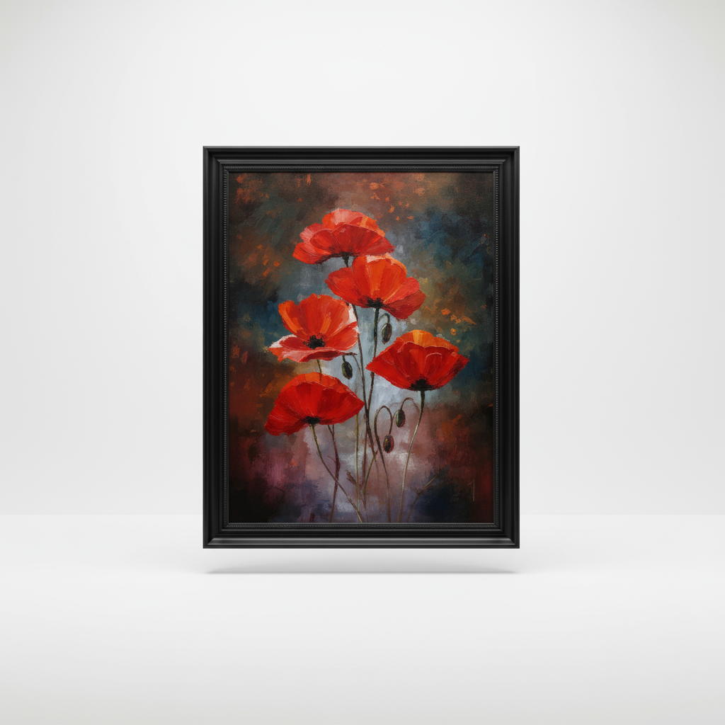 Black framed canvas painting of red poppy flowers on white background
