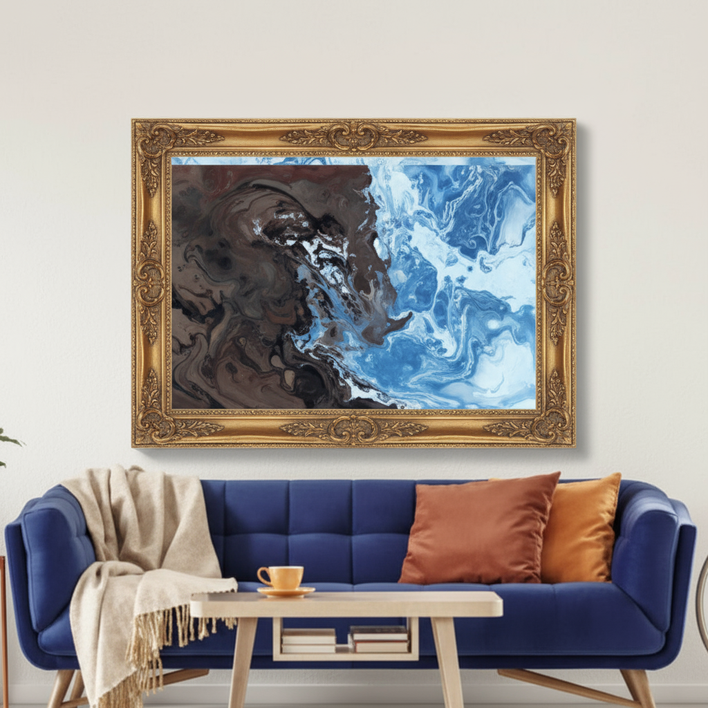 Living room view, blue velvet sofa, wooden coffee table, abstract painting, gold frame, home decor