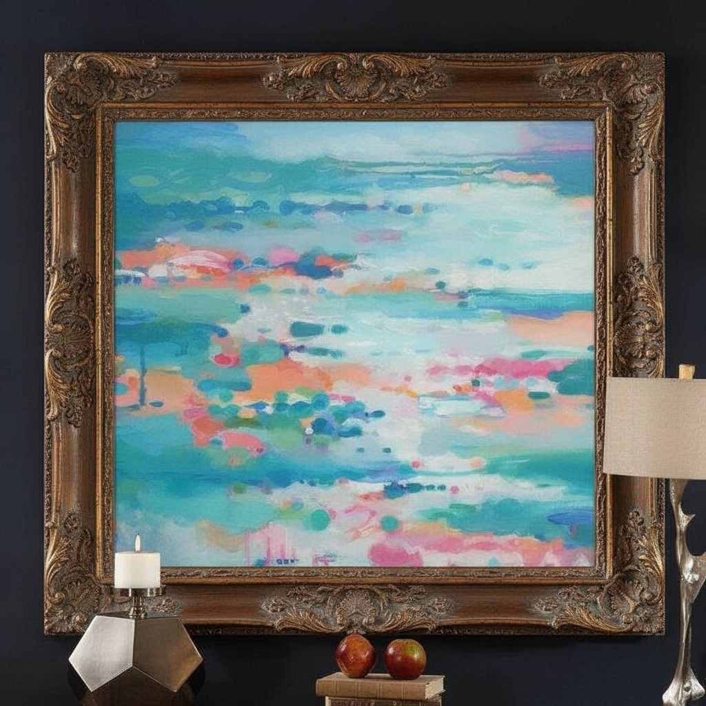 View of colorful abstract painting in ornate wood frame, candle holder, lamp, decor, furniture