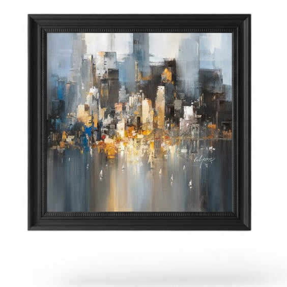Black framed abstract cityscape painting with yellow and blue accents