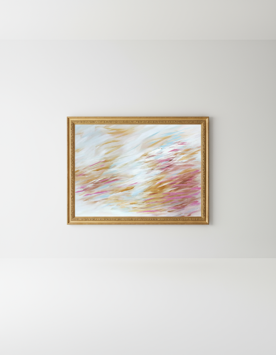 Abstract painting with gold frame on white wall decor